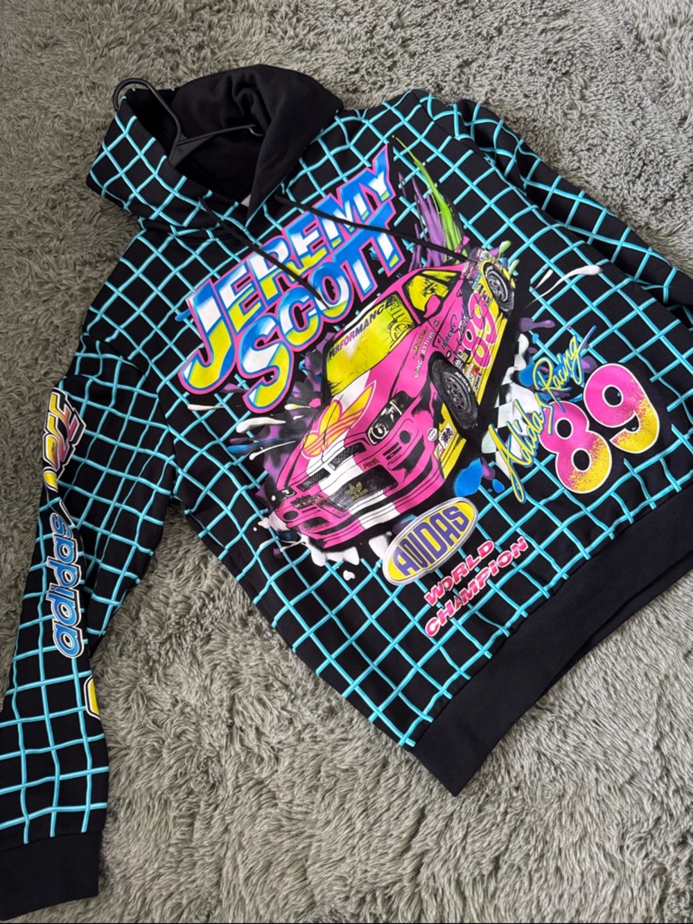 Adidas Jeremy Scott Black Hoodie with Teal Grid and Neon Pink Racing Graphic